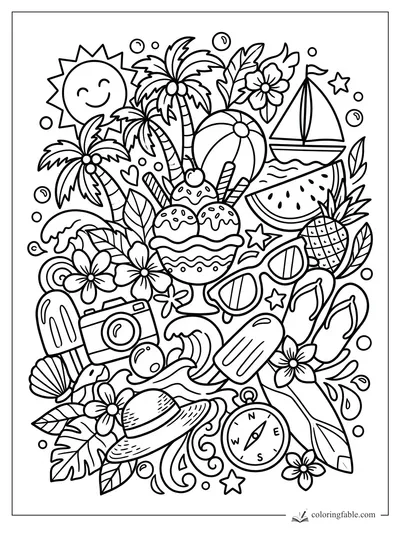 Intricate summer doodle coloring page with smiling sun, palm trees, sundae, sailboat, fruit, camera, and compass