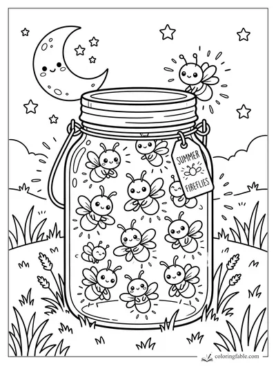 Kawaii summer fireflies glowing inside a mason jar under a smiling crescent moon and stars.