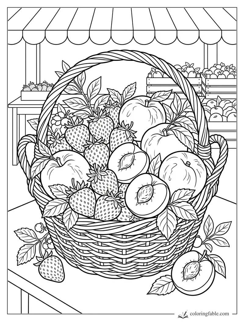 Woven basket of strawberries, peaches, apples, and leaves under a striped farmers market awning