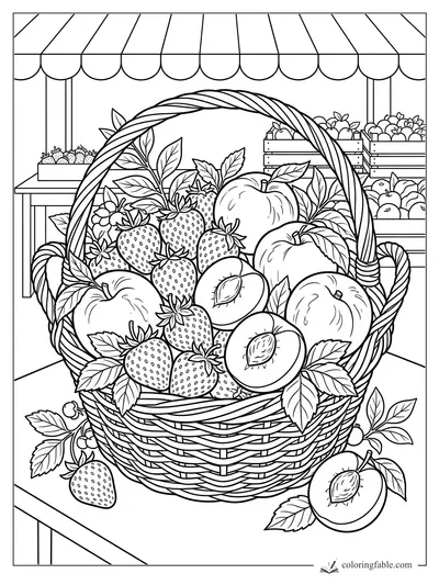 Woven basket of strawberries, peaches, apples, and leaves under a striped farmers market awning