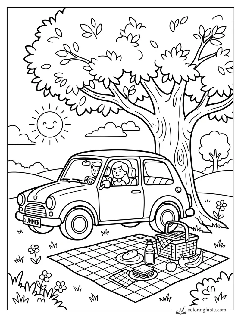 Cartoon car with smiling family parked by a picnic blanket under a leafy tree and sun.