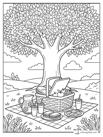 Summer picnic basket under a leafy tree with sandwiches, fruit, lemonade, cookies, cups, and blanket.