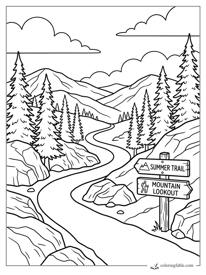 Summer trail winding through pine trees to mountains with a wooden lookout sign