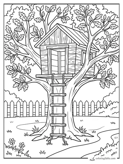 Cartoon summer treehouse in a leafy backyard tree with rope ladder, picket fence, flowers, and winding path.