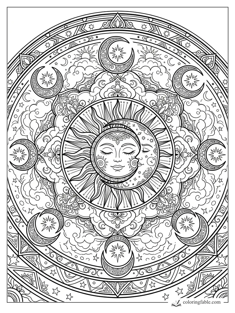 Intricate sun and moon mandala with crescent moons, starbursts, clouds, flowers, and ornate circular borders.
