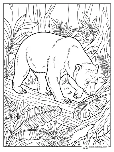 Realistic sun bear walking along a fallen log among rainforest leaves and tree roots