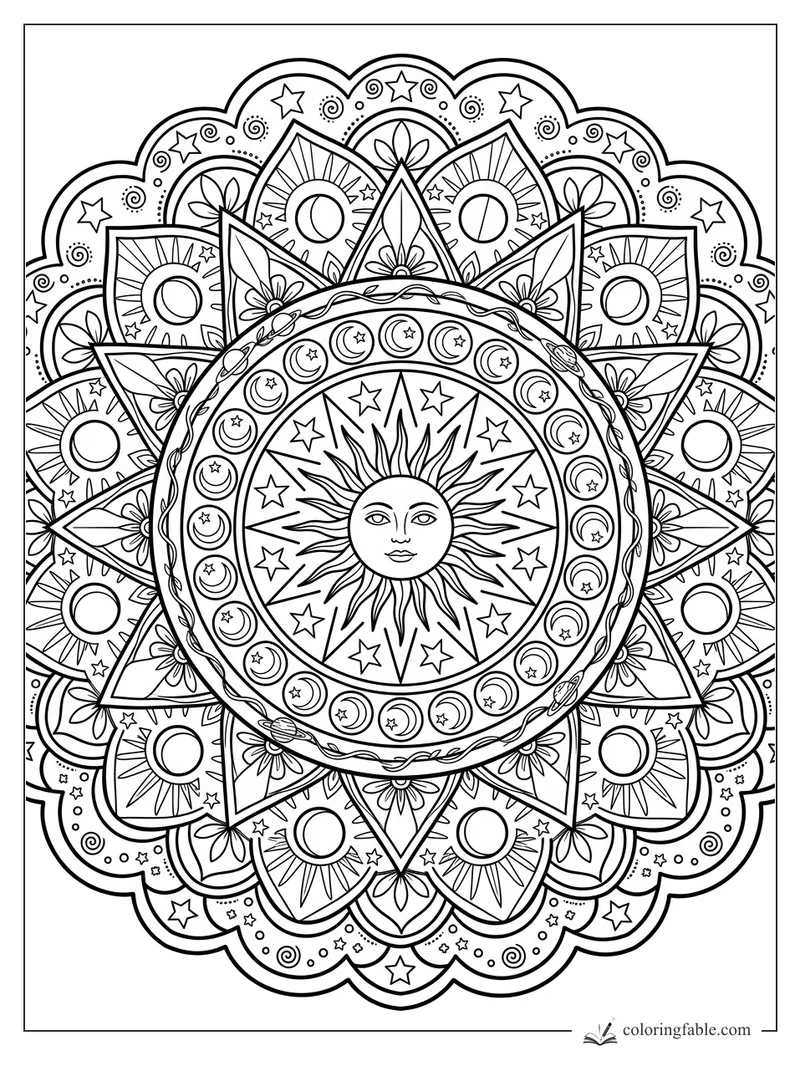 Intricate sun and moon mandala with stars, petals, spirals, and a calm sun face at the center