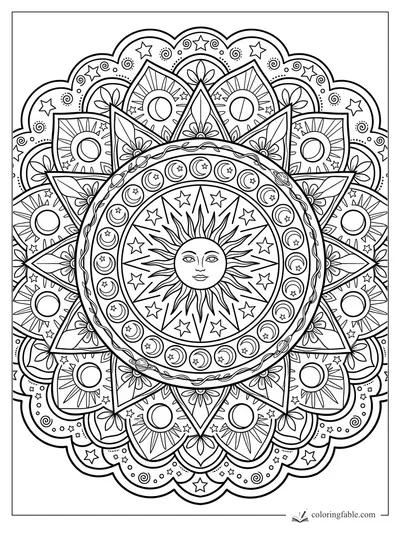 Intricate sun and moon mandala with stars, petals, spirals, and a calm sun face at the center