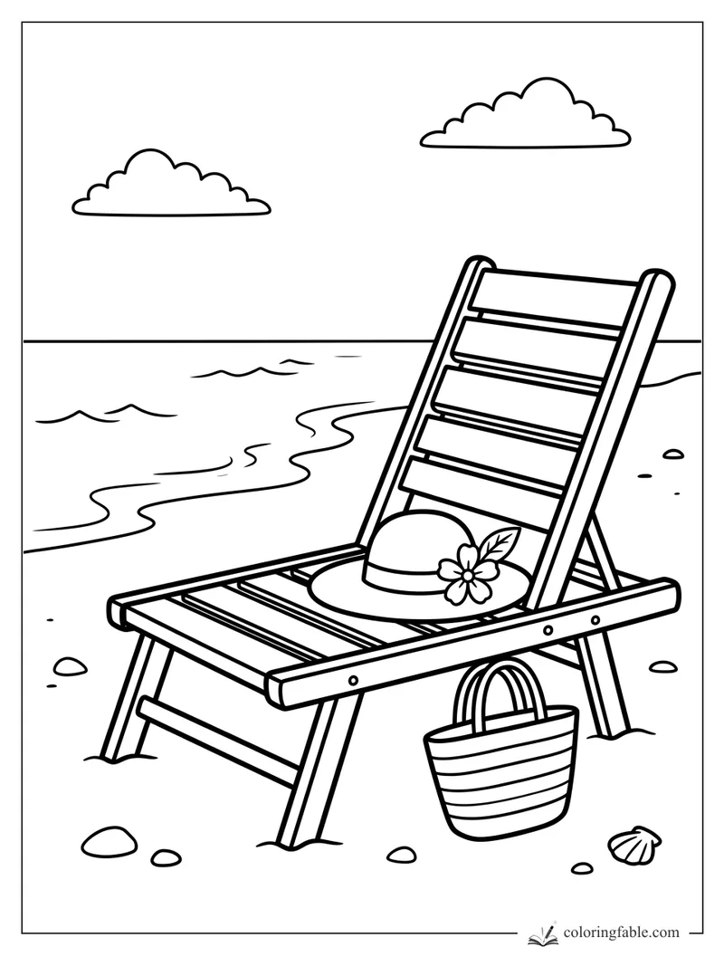 Beach chair with a flowered sun hat, striped tote, seashells, waves, and clouds on the shore
