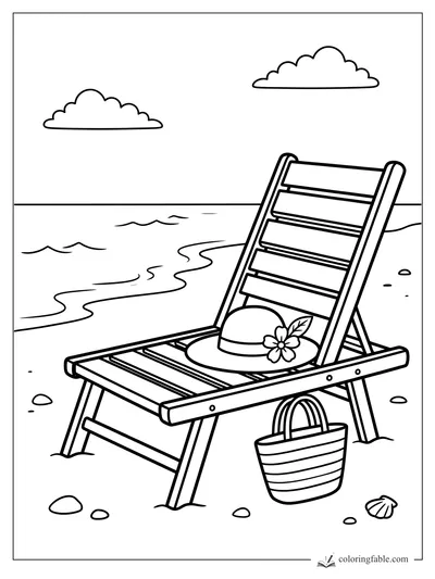 Beach chair with a flowered sun hat, striped tote, seashells, waves, and clouds on the shore