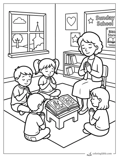 Children and teacher praying around an open Bible in a Sunday school room