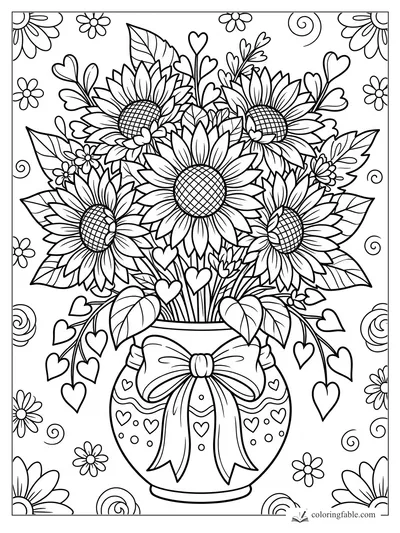 Sunflower bouquet in a decorated vase with bow, hearts, leaves, daisies, and swirl patterns