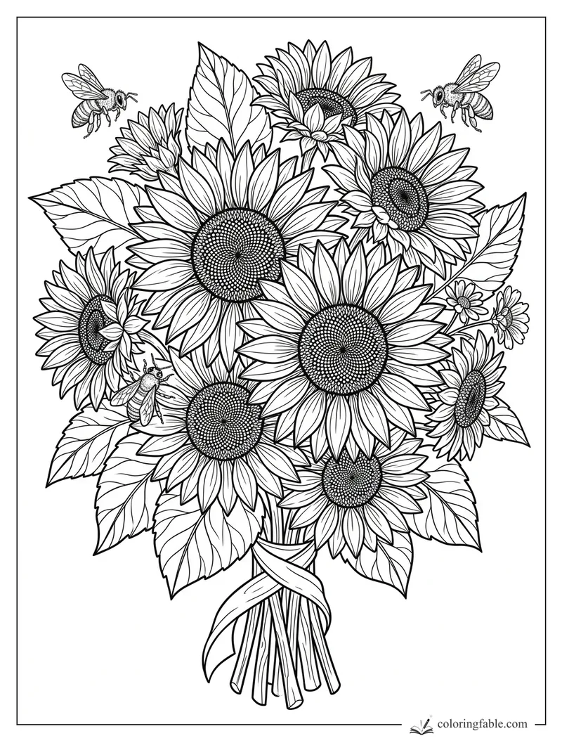 Floral coloring page of a tied sunflower bouquet with detailed centers, leaves, and four bees.