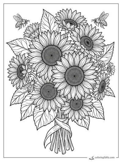 Floral coloring page of a tied sunflower bouquet with detailed centers, leaves, and four bees.