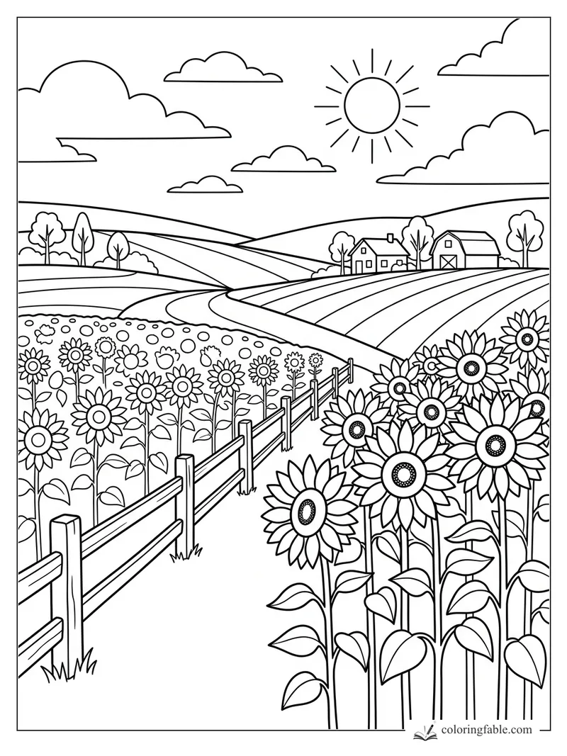 Easy floral landscape coloring page with sunflowers, fence path, rolling fields, barn, clouds, and sun.