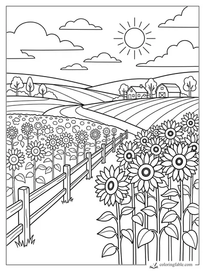 Easy floral landscape coloring page with sunflowers, fence path, rolling fields, barn, clouds, and sun.