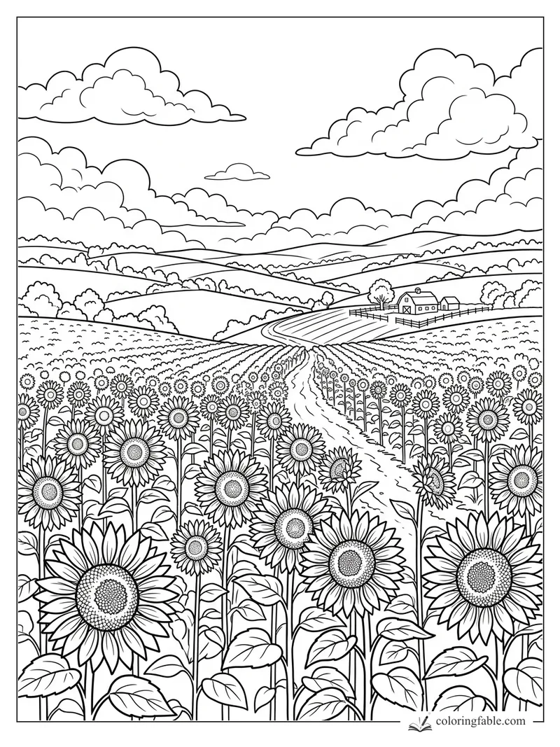 Sunflower field with winding dirt road, distant farm, rolling hills, trees, and big clouds to color