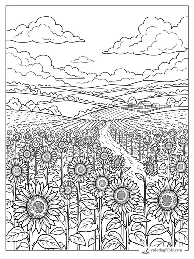 Sunflower field with winding dirt road, distant farm, rolling hills, trees, and big clouds to color
