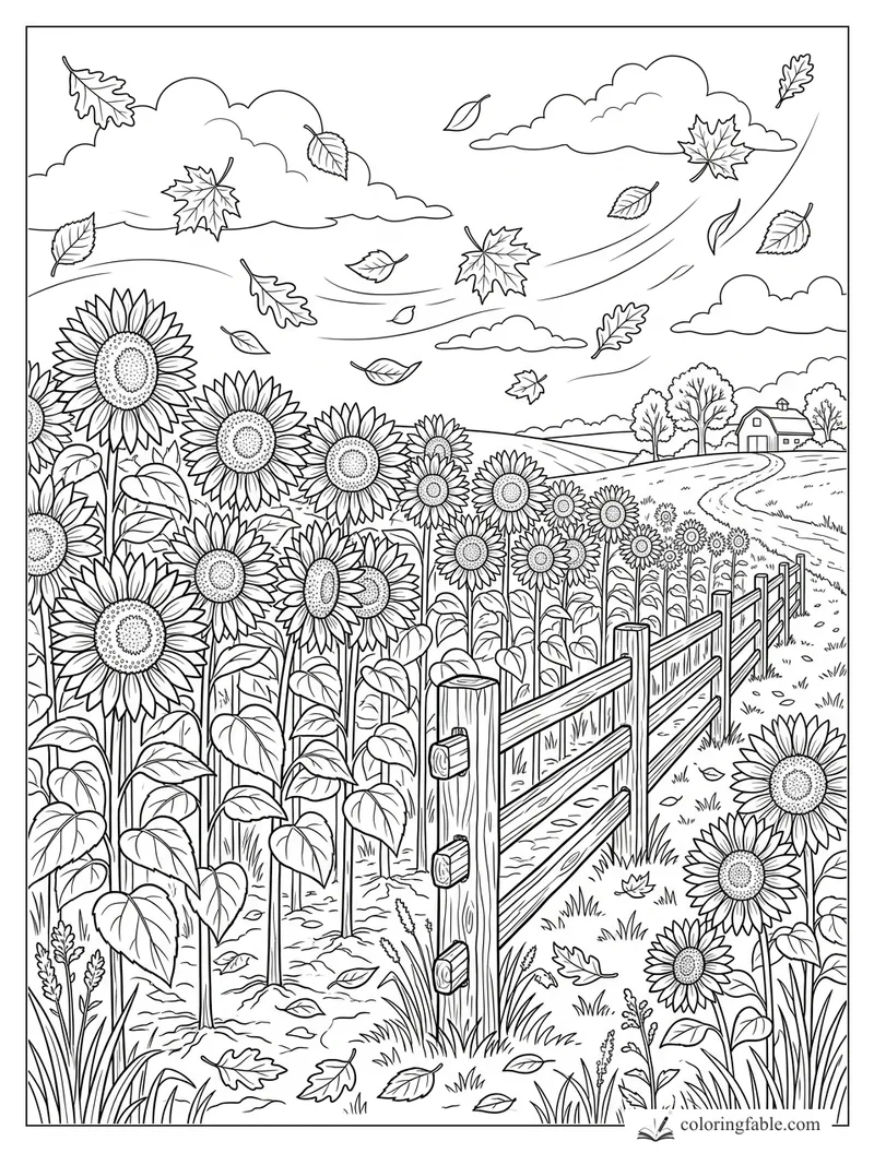 Fall sunflower field coloring page with wooden fence, winding path, farmhouse, clouds, and windblown leaves
