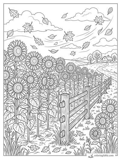 Fall sunflower field coloring page with wooden fence, winding path, farmhouse, clouds, and windblown leaves