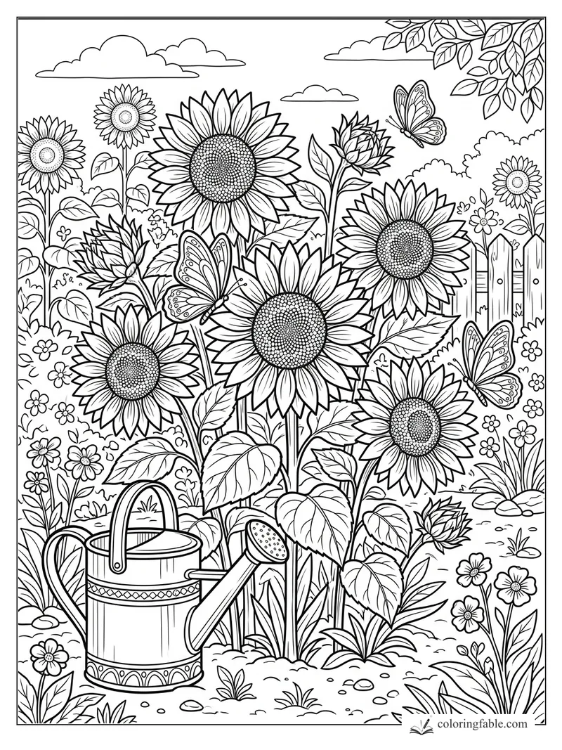 Floral summer coloring page with tall sunflowers, butterflies, leaves, fence, clouds, and a watering can.