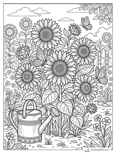 Floral summer coloring page with tall sunflowers, butterflies, leaves, fence, clouds, and a watering can.