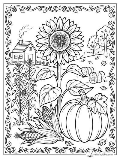 Sunflower coloring page with pumpkin, corn stalks, farmhouse, hay bales, trees, and leafy vine border.