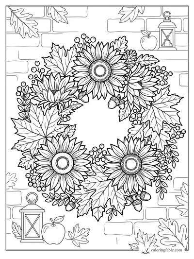 Sunflower wreath with maple leaves, acorns, berries, apples, and lanterns on a brick wall.
