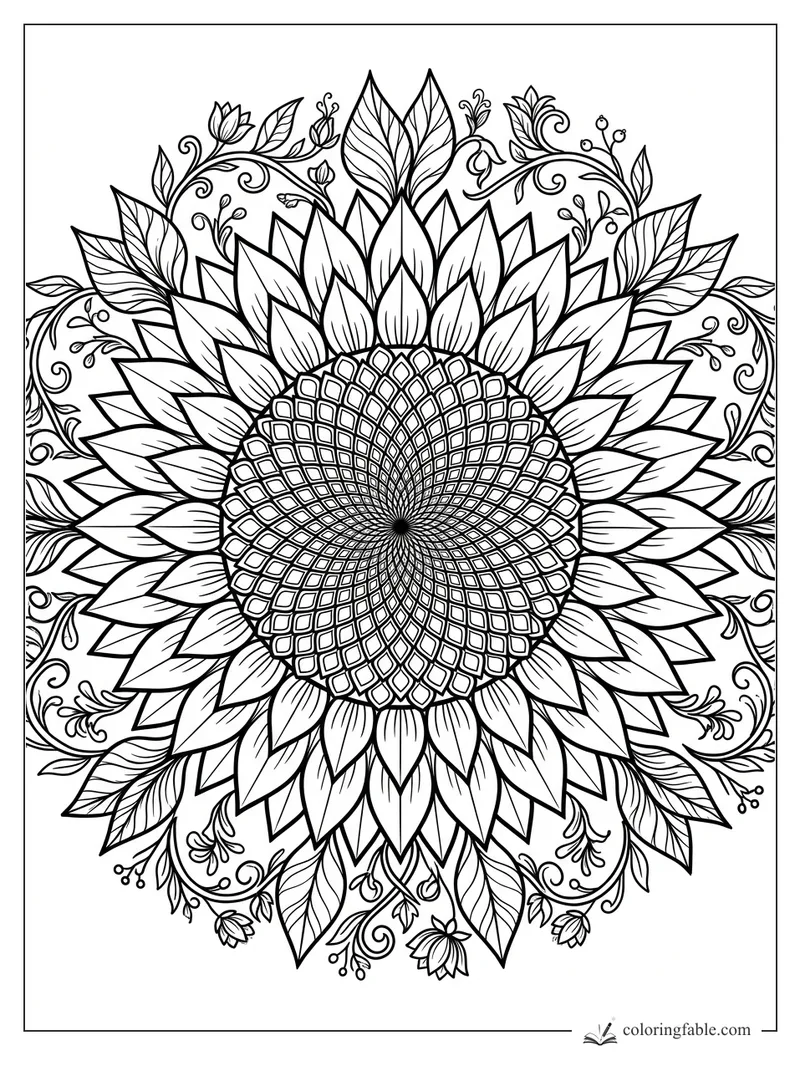 Floral sunflower mandala coloring page with layered petals, leafy vines, buds, and detailed center pattern