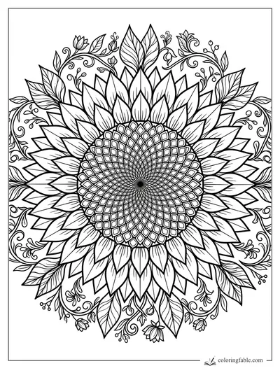 Floral sunflower mandala coloring page with layered petals, leafy vines, buds, and detailed center pattern