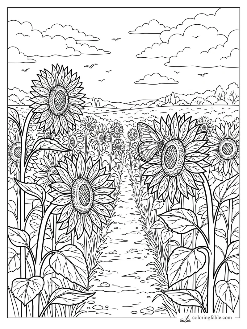 Intricate sunflower farm path with a butterfly, leafy stems, rolling fields, clouds, and birds