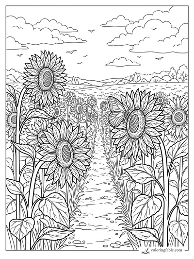 Intricate sunflower farm path with a butterfly, leafy stems, rolling fields, clouds, and birds