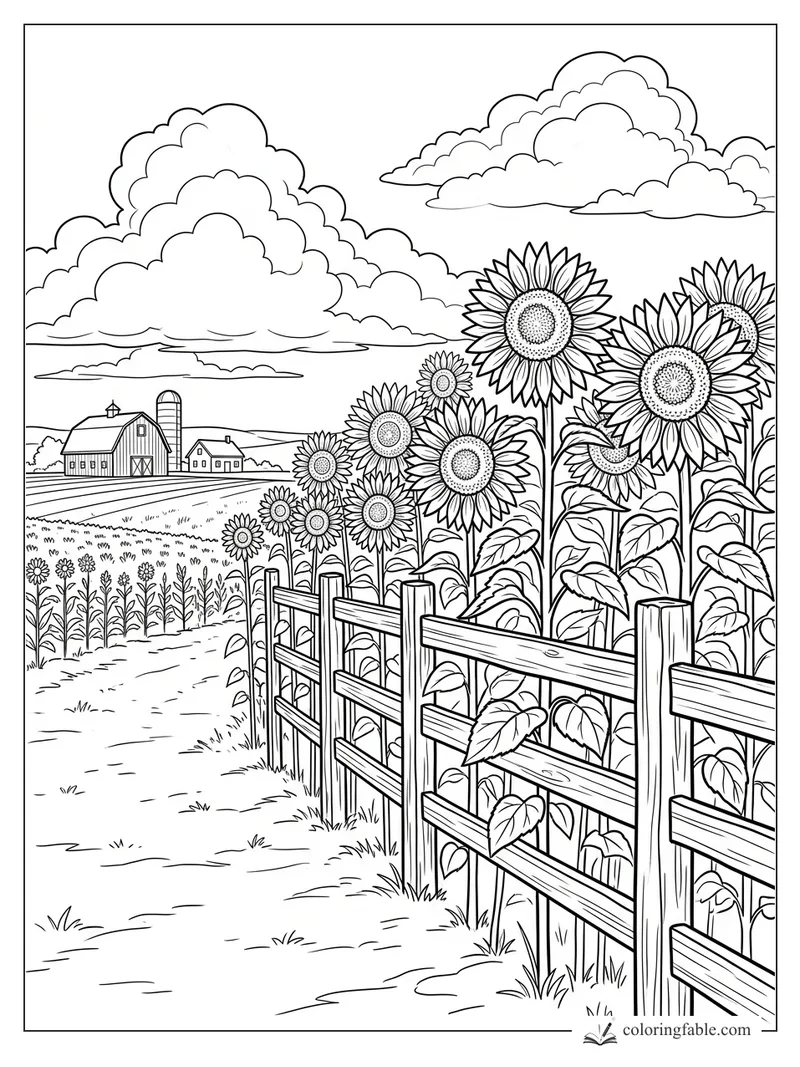 Tall sunflowers by a wooden fence with farm fields, barn, silo, and puffy clouds in the distance.