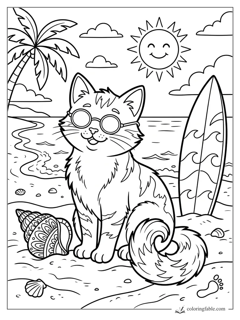 Smiling cat in round sunglasses on a beach with surfboard, shells, palm tree, sun, clouds, and waves