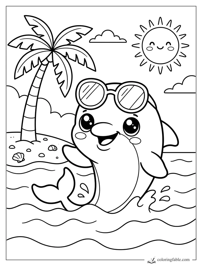 Kawaii dolphin in sunglasses splashing near a palm tree island, shells, clouds, and smiling sun