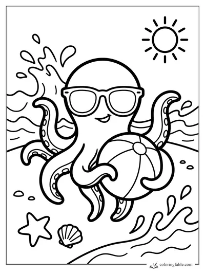 Smiling octopus in sunglasses holding a beach ball with waves, sun, starfish, and shell