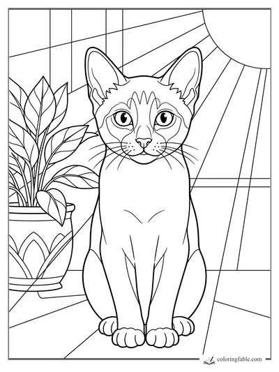 Realistic kitten sitting in sunbeams beside a leafy potted plant by a window.