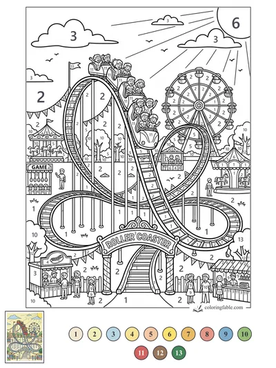 Sunny Amusement Park Roller Coaster — color by number