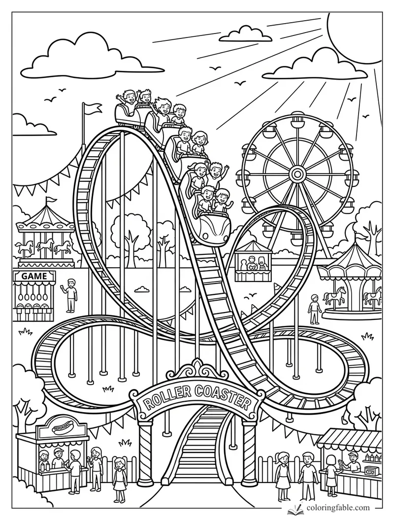 Cartoon amusement park with a looping roller coaster, Ferris wheel, carousel, game booth, and snack stands.