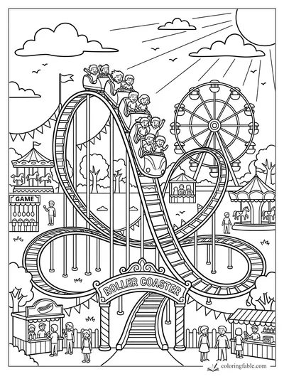 Cartoon amusement park with a looping roller coaster, Ferris wheel, carousel, game booth, and snack stands.