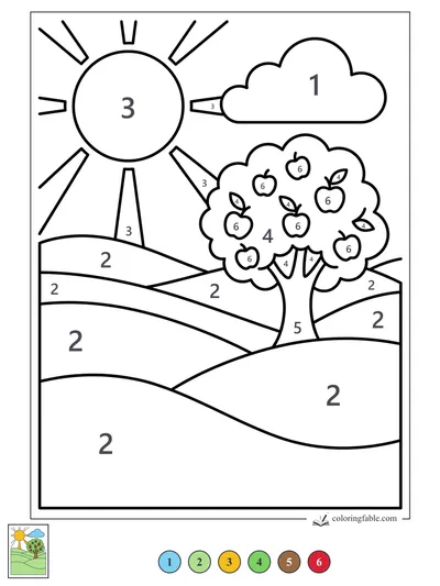 Sunny Apple Tree on Rolling Hills — color by number