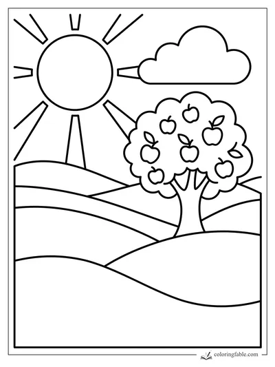 Bold easy landscape coloring page with sun, cloud, apple tree, and rolling hills