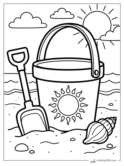 Bold beach bucket with shovel, seashell, waves, clouds, and bright sun coloring page
