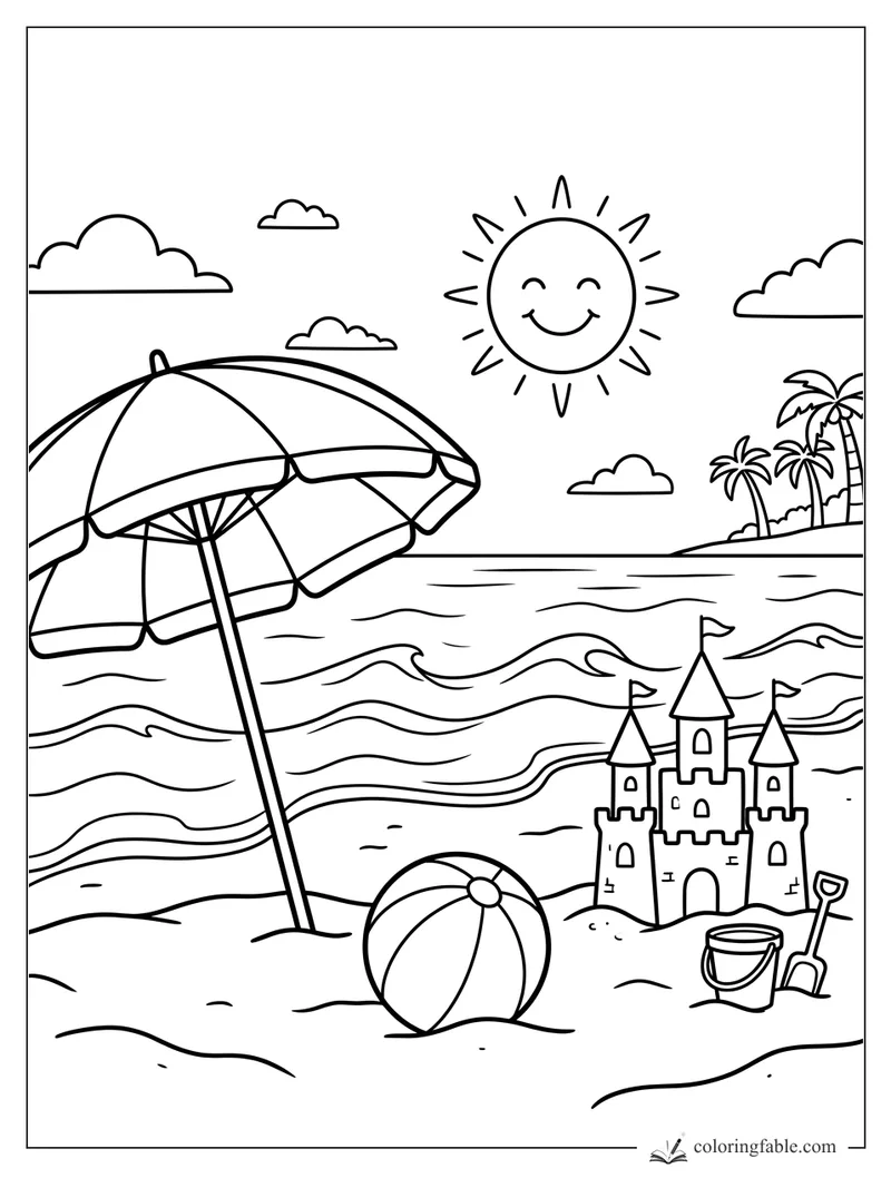Beach coloring page with smiling sun, striped umbrella, sandcastle, ball, bucket, shovel, waves, and palms.