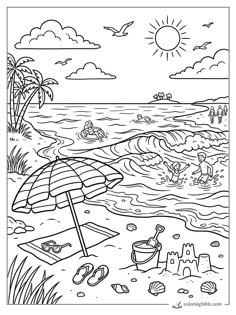 Summer beach coloring page with umbrella, sandcastle, swimmers, waves, palm trees, sun, clouds, and gulls