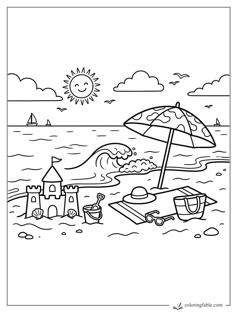 Easy beach vacation coloring page with sandcastle, umbrella, waves, sailboats, smiling sun, and beach bag
