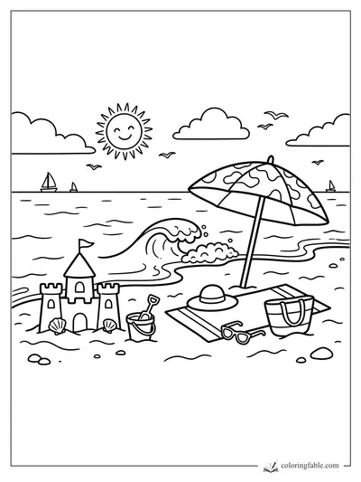 Easy beach vacation coloring page with sandcastle, umbrella, waves, sailboats, smiling sun, and beach bag