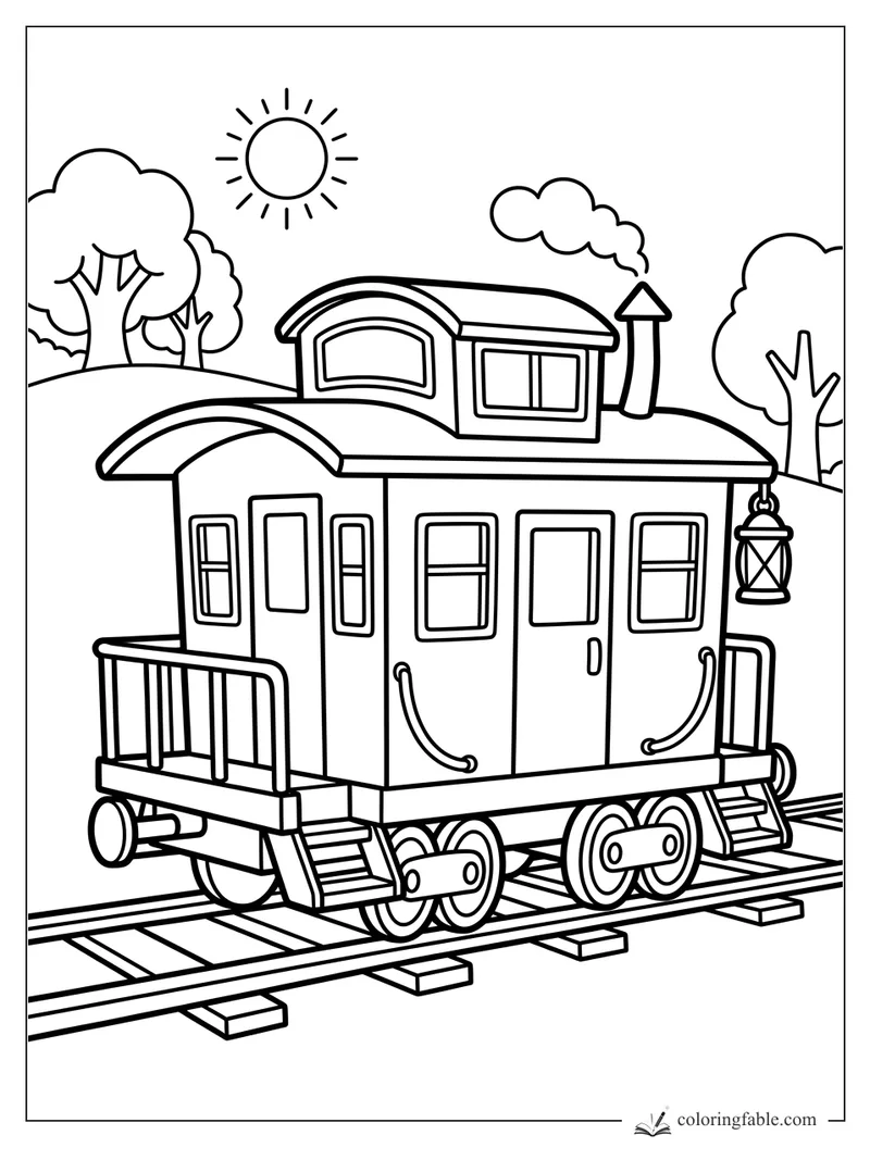 Cartoon caboose on train tracks with lantern, rooftop cupola, trees, sun, and smoke from the chimney