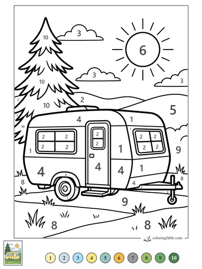 Sunny Camper Beside a Tall Pine — color by number