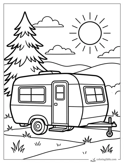 Easy coloring page of a camper trailer under a bright sun, with pine tree, hills, clouds, and grass.